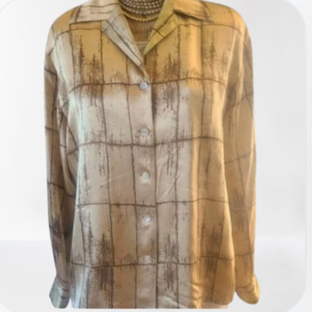 Vintage100% Silk Bamboo/wood Print button up collared Top Size S/M 6/8